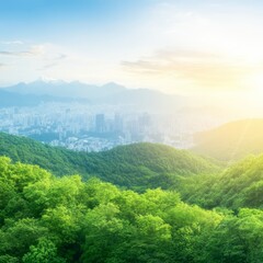 Fototapeta premium Lush green hills overlooking a hazy city at sunrise.