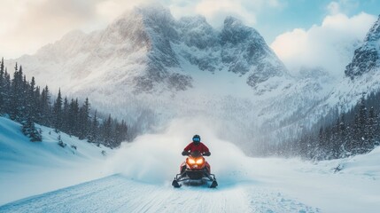 Snowmobiler riding through snowy mountain pass.