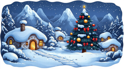 Naklejka premium cozy winter scene featuring decorated Christmas tree surrounded by snow covered cottages and mountains. warm glow from windows adds festive charm to landscape