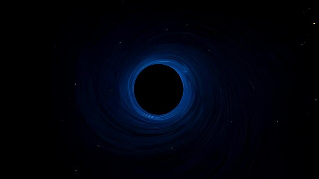 Abstract dark blue swirling vortex with black center, resembling a black hole in space.