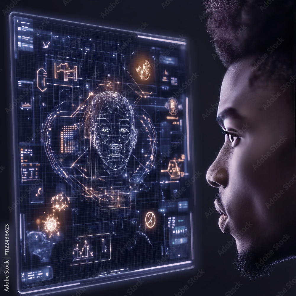 Aufkleber man viewing futuristic facial recognition interface.
