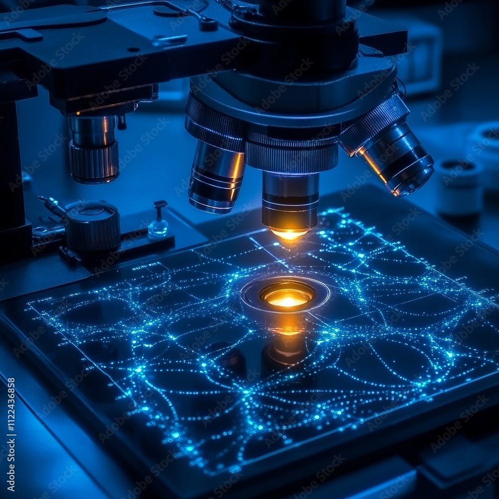 Poster microscope focused on illuminated digital network.