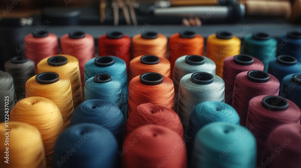 Poster colorful spools of thread arranged in a grid.