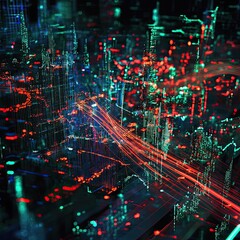 Futuristic Cityscape with Data Streams Concept of technology innovation and digital transformation
