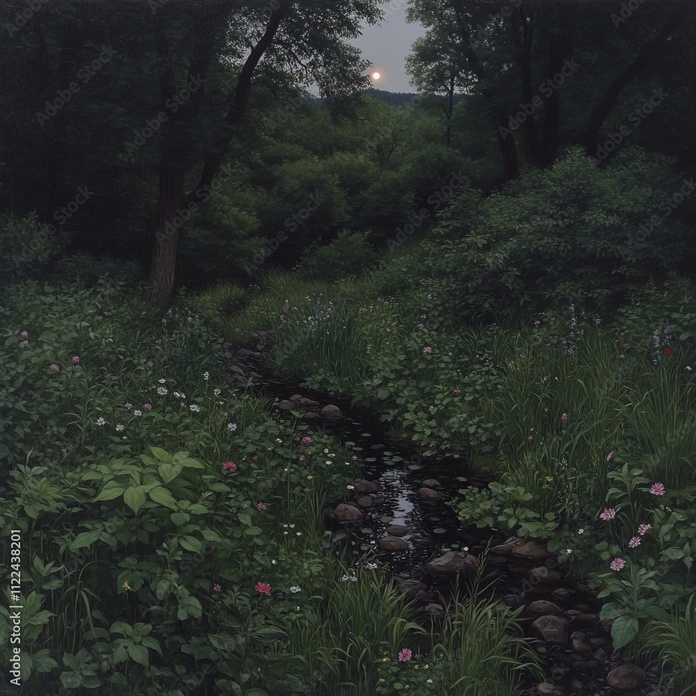 Poster moonlit stream flows through lush wildflowers and trees in a tranquil forest.