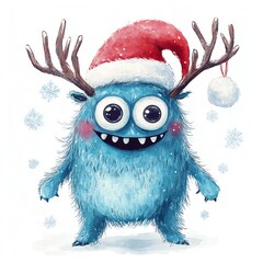 Festive blue monster with antlers wearing Santa hat in winter setting.