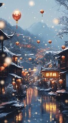 Obraz premium Snowfall over a lantern-lit canal in a quaint Asian town.