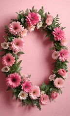Fototapeta premium Wreath made of real flowers in shades of pink and green against a soft pink background with a natural texture , home decor, spring decoration,