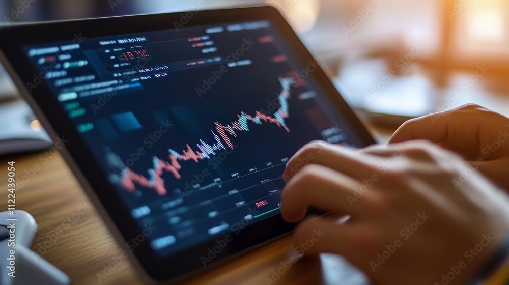Poster analyzing financial trends digital workspace data visualization modern office user perspective inves