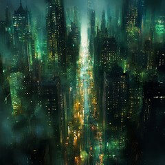 Fototapeta premium Night cityscape, futuristic city, glowing streets, aerial view, urban landscape, skyscrapers, fog, mist, dark, mysterious, neon lights.