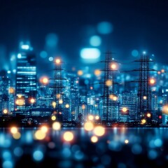 Obraz premium Night cityscape with power lines and bokeh lights.