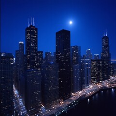 Obraz premium Night cityscape with skyscrapers and full moon.