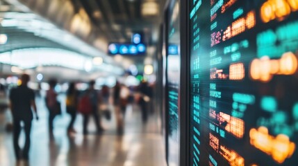 Fototapeta premium Flight status display at airport terminal digital information board travel environment close-up perspective real-time updates