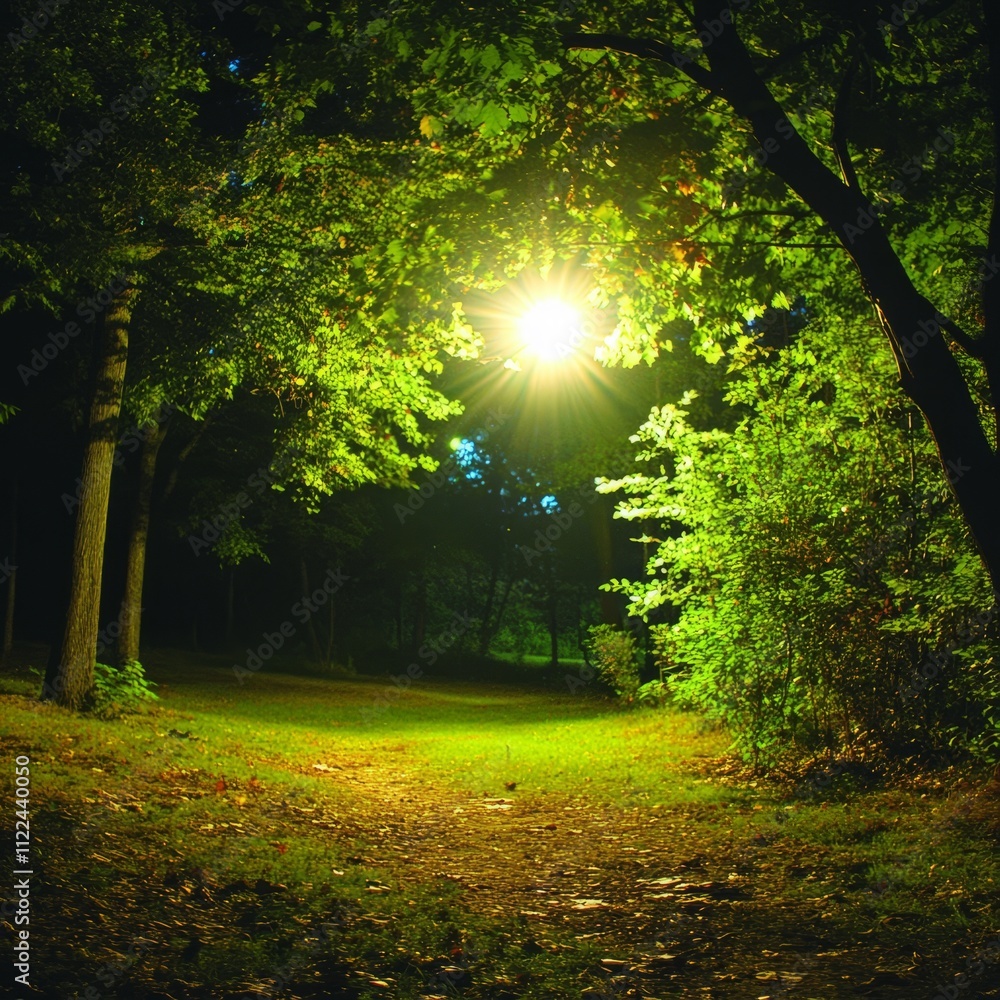 Poster night scene of a park path illuminated by a bright light source surrounded by lush green trees and f