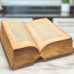 Obraz premium Open antique book with aged, yellowed pages on a marble surface.