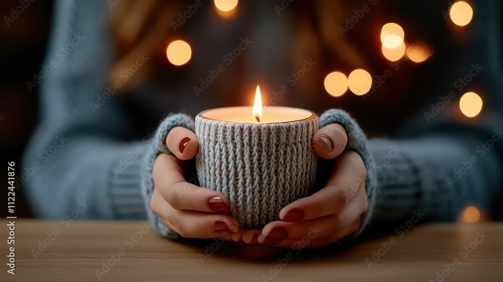 Poster cozy warmth of a flickering candle held in hands with soft knitted cup and blurry background of twin