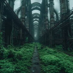Fototapeta premium Overgrown industrial ruins with lush vegetation, path leading to distant light.