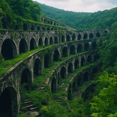 Obraz premium Overgrown stone archways cascade down a hillside, nestled within lush green foliage.
