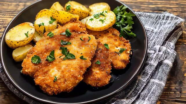 Collection of Footage "A golden-breaded German Wiener Schnitzel with crispy edges, served alongside potatoes on a rustic wooden table"