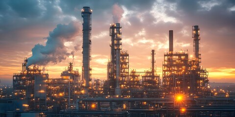 Obraz premium Factory at night, Smoke billows from chimneys under a dusty grey sky, with yellow-orange lights reflecting off the smog. The scene highlights air pollution, perfect for environmental campaigns.