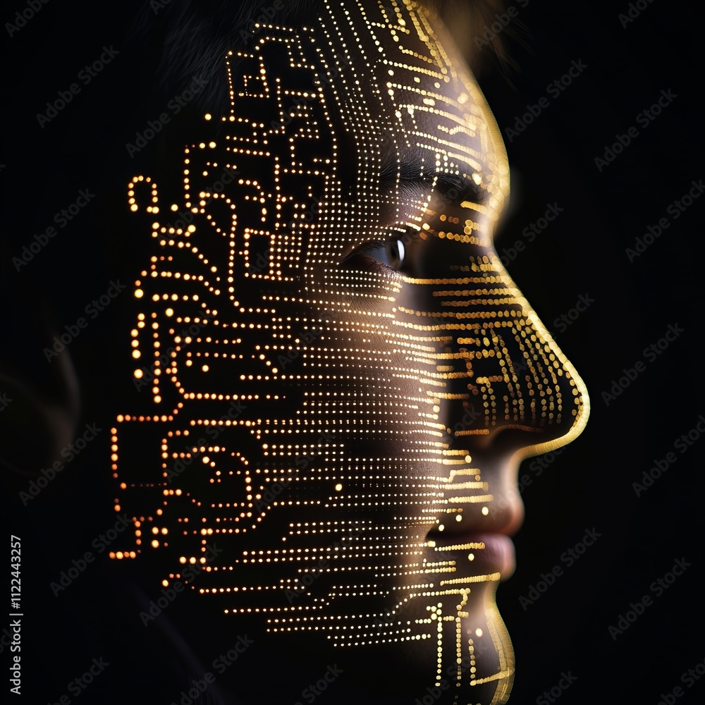 Poster profile of a human face overlaid with a circuit board pattern, representing artificial intelligence 