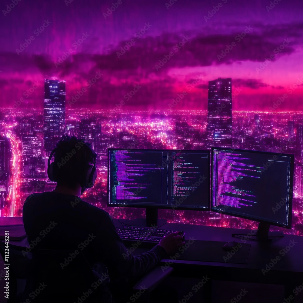Poster programmer coding at night, city view.