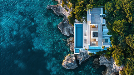 Aerial drone above view of luxury resort hotel villa building with swimming pool on sea or ocean...