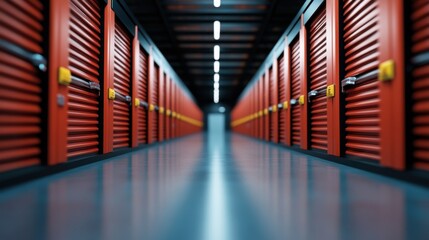 Obraz premium Interior View of a Modern Storage Facility with Rows of Metal Lockers and Bright Overhead Lights
