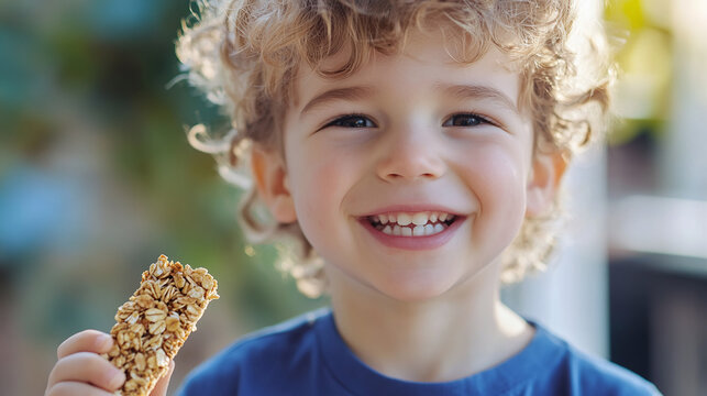 Boy child and young kid with happy eating granola and fresh bar healthy snack cereal muesli, natural food with simple energy nutrition.
