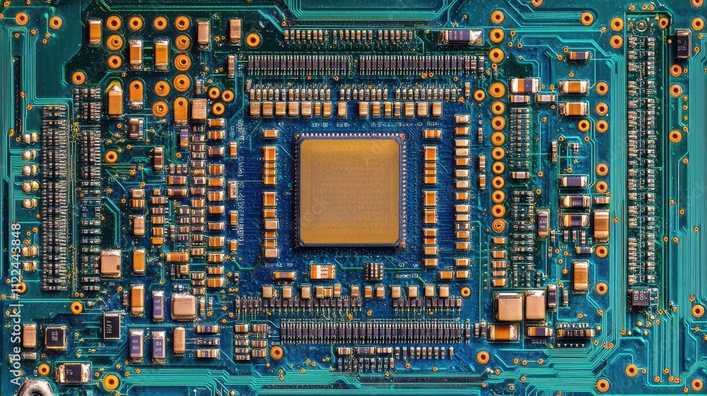 Poster close-up of a teal circuit board, showcasing intricate circuitry and components. ideal for tech, ele