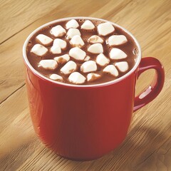 Red mug filled with hot chocolate and marshmallows on wooden surface.