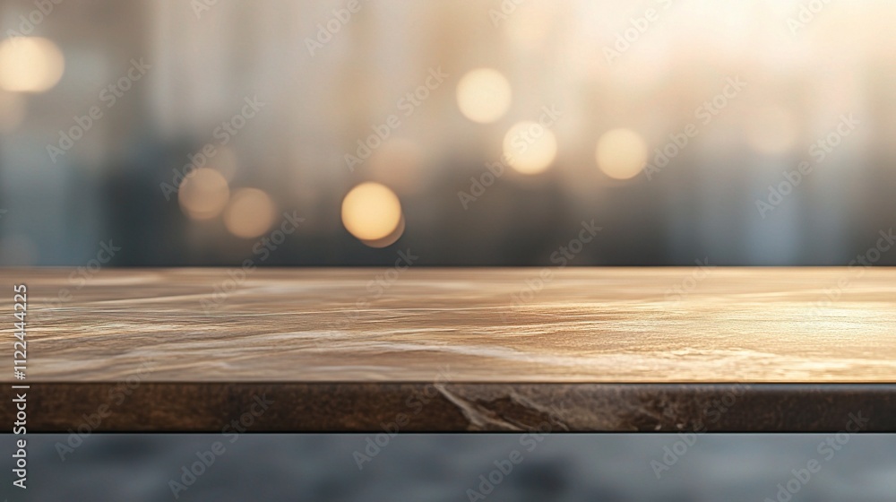 Poster blurred light on empty wooden table with golden bokeh background