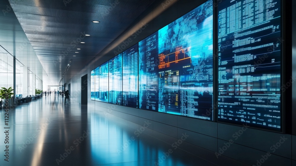 Poster data visualization hub showcasing advanced technology in a modern office space with interactive disp