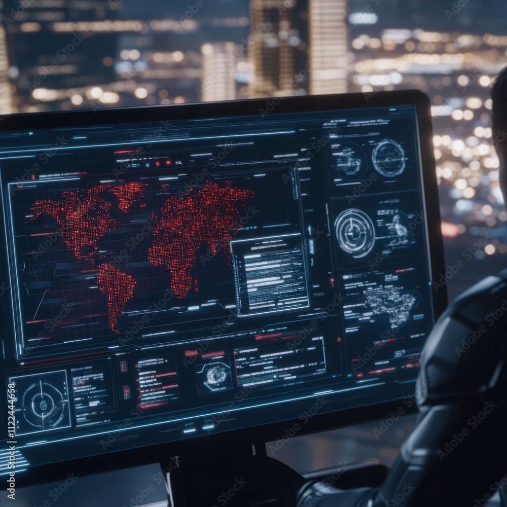 Poster robot monitoring global network activity on a computer screen at night.