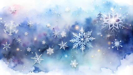 Beautiful winter watercolor background featuring snowflakes and a sparkling blue ambience 