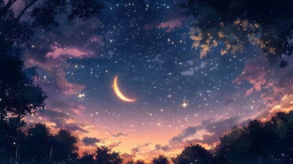 Fototapeta premium Crescent Moon and Stars over a Forest Silhouette at Dusk