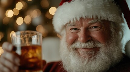 Holiday Indulgence: Santa Claus with a cigar and a glass of whiskey, a relaxed holiday figure enjoying a moment of relaxation, adds a twist to the traditional of the jolly giver