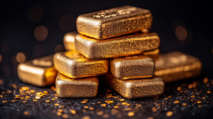 Gleaming gold bricks stacked elegantly, reflecting light and creating luxurious atmosphere. rich texture and shine evoke sense of wealth and opulence