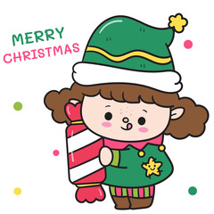 elf girl christmas holding candy kawaii cartoon happy new year card