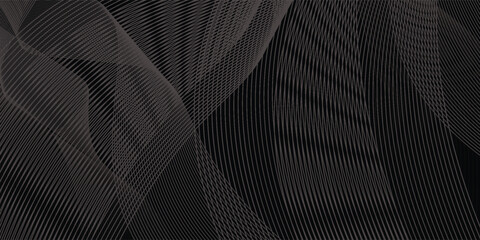 Black abstract background design. Modern wavy line pattern (guilloche curves) in monochrome colors. Premium stripe texture for banner, business backdrop. Dark horizontal vector template