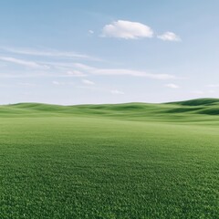 Fototapeta premium Serene rolling hills of lush green grass under a bright blue sky with a few fluffy clouds.