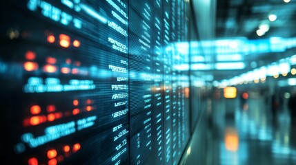 Dynamic data display in modern technology hub urban workspace digital interface futuristic environment close-up viewpoint information concept