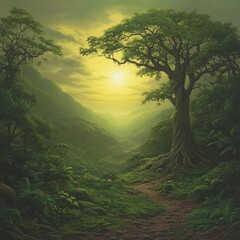 Obraz premium Serene sunset over lush green valley with large tree and path.