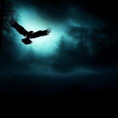 Fototapeta premium Silhouette of a bird of prey soaring over a misty forest at night.