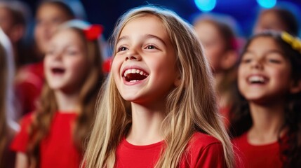 Fototapeta premium Joyful young girl singing with enthusiasm in a lively choir performance on stage with bright lights