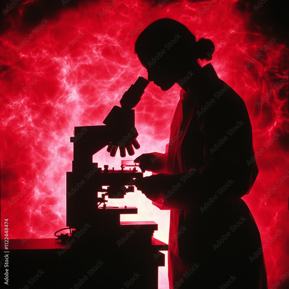 Poster silhouette of scientist using microscope against red background.