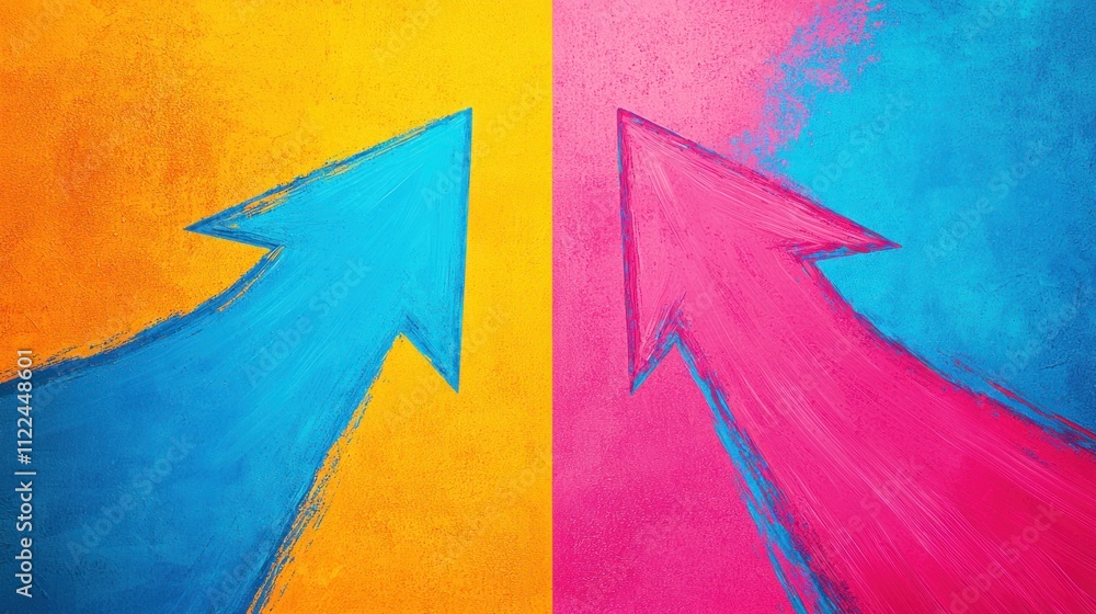 Poster two arrows converging into a single path with vibrant colors and a business theme.