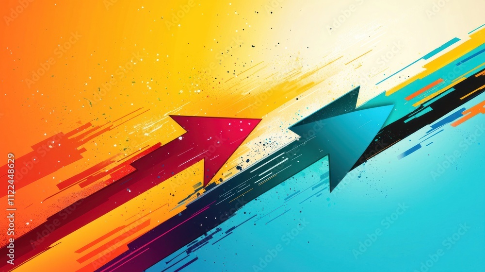 Poster two arrows converging into a single path with vibrant colors and a business theme.