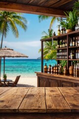 Obraz premium Tropical green background with empty table top in front. Exotic summer panoramic banner with copy space. Wooden bar counter in focus, blurred travel backdrop. Shelf for advertising product