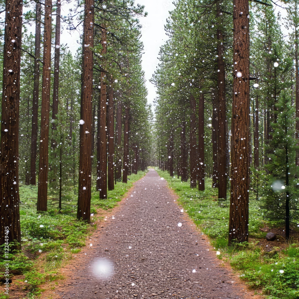 Poster snow falling on a path through a pine forest.
